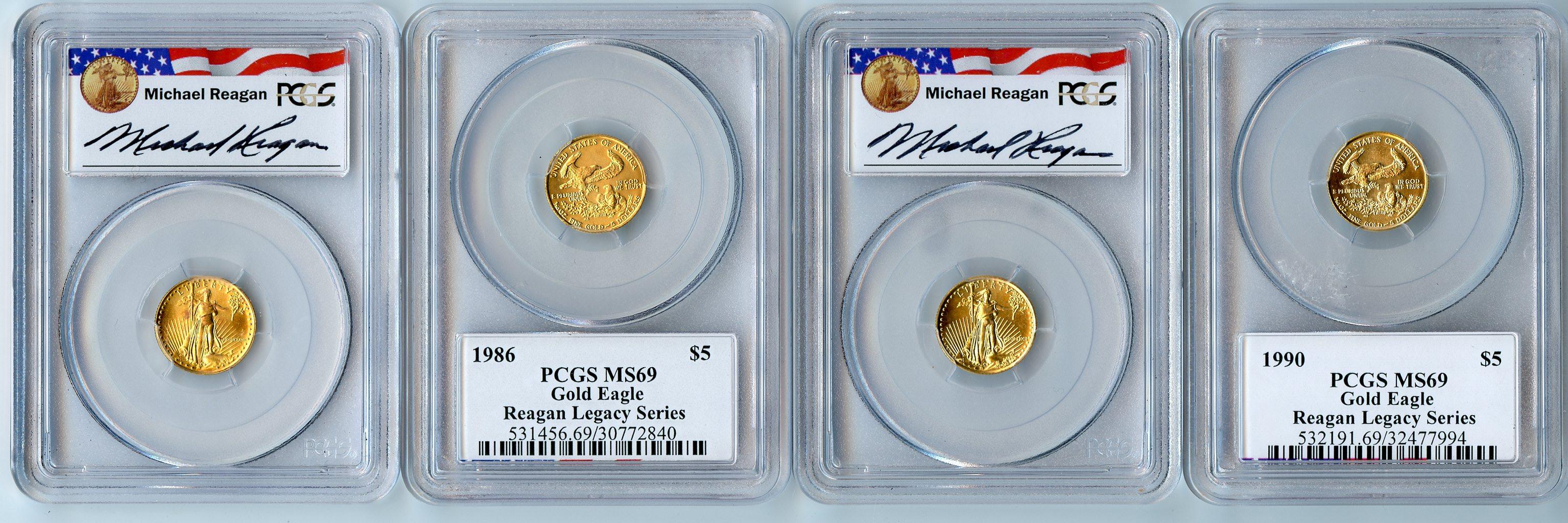 Gold 5 American Eagle 110th Ounce In Pcgs Ms 69 Michael Reagan Signature Holders Mixed Dates