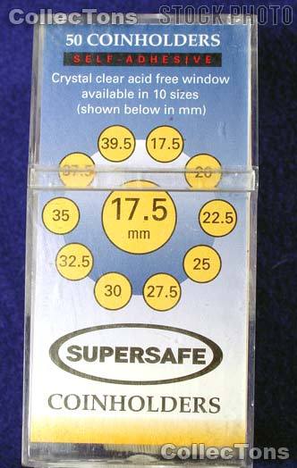50 Supersafe 2x2 Self-Adhesive Cardboard Coin Holders 17.5mm