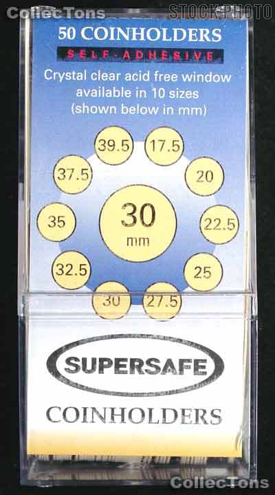 50 Supersafe 2x2 Self-Adhesive Cardboard Coin Holders 30mm