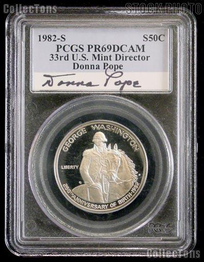 1982-S George Washington Commemorative Silver Half Dollar in PCGS PR 69 DCAM signed by 33rd US MINT Director Donna Pope