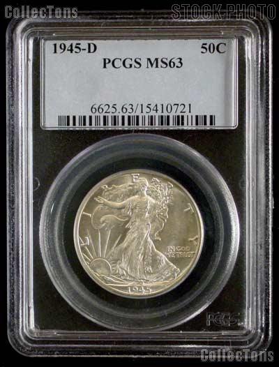 1945-D Walking Liberty Silver Half Dollar in PCGS MS 63