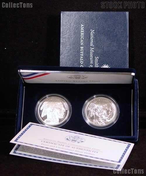 2001 American Buffalo Commemorative Silver Dollars Set 2 Coins Uncirculated (BU) & Proof