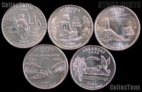 2003 Quarters Set of 5 BU Coins 2003 State Quarters Philadelphia (P) Mint