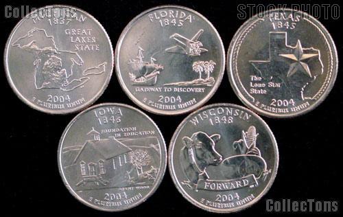 2004 Quarters Set of 5 BU Coins 2004 State Quarters Philadelphia (P) Mint