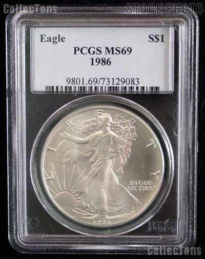 1986 American Silver Eagle Dollar in PCGS MS 69