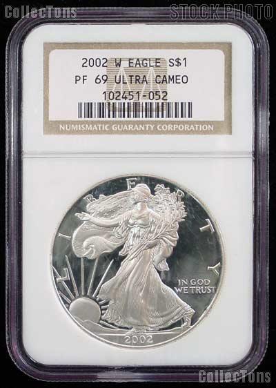 2002-W American Silver Eagle Dollar PROOF in NGC PF 69 ULTRA CAMEO