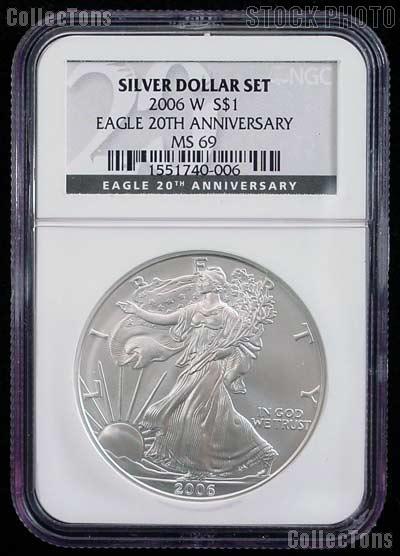 2006-W American Silver Eagle Dollar Burnished in NGC MS 69 20th Anniversary