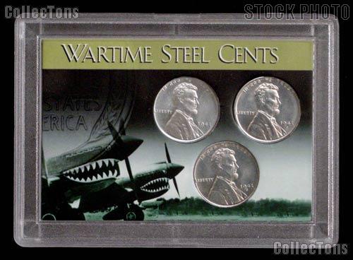 1943 Steel Penny Set 3 BU Wartime Lincoln Wheat Cents in Coin Holder