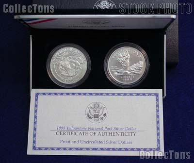 1999-P Yellowstone National Park Commemorative 2 Coin Uncirculated (BU) & Proof Silver Dollar Set