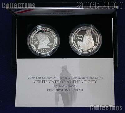 2000-P Leif Ericson Commemorative 2 Coin Proof Set with US Silver Dollar