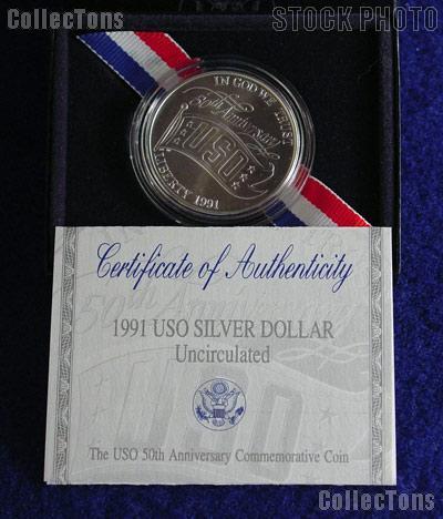 1991-D USO Commemorative Uncirculated (BU) Silver Dollar