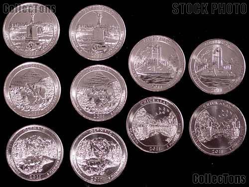 2011 National Park Quarters Complete Set P & D Uncirculated (10 Coins) PA, MT, WA, MS, OK