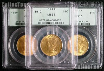 $10 Gold Indian Head Eagles in PCGS MS 62