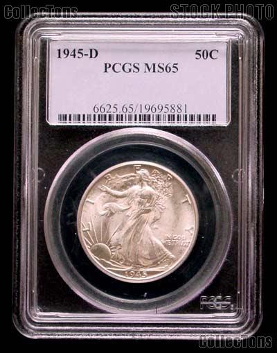 1945-D Walking Liberty Silver Half Dollar in PCGS MS 65