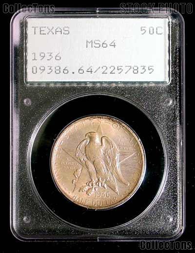 1936 Texas Independence Centennial Silver Commemorative Half Dollar in PCGS MS 64