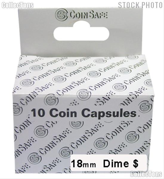 Coin Capsules Box of 10 by CoinSafe for Dimes (18mm)