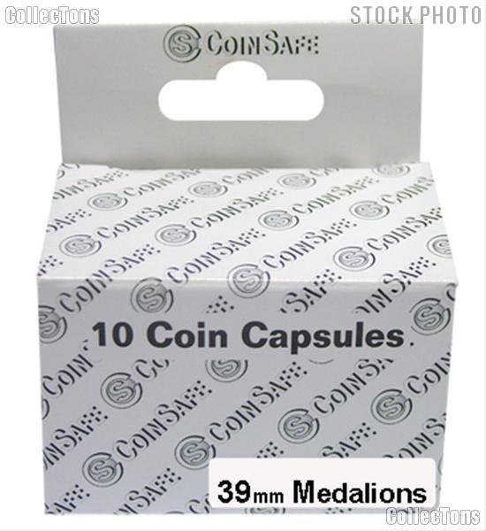 Coin Capsules Box of 10 by CoinSafe for Medallions (39mm)