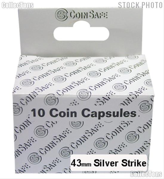 Coin Capsules Box of 10 by CoinSafe for Silver Strikes (43mm)