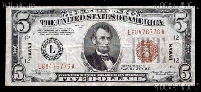 Five Dollar Bill Hawaii Note Brown Seal US Currency Good or Better