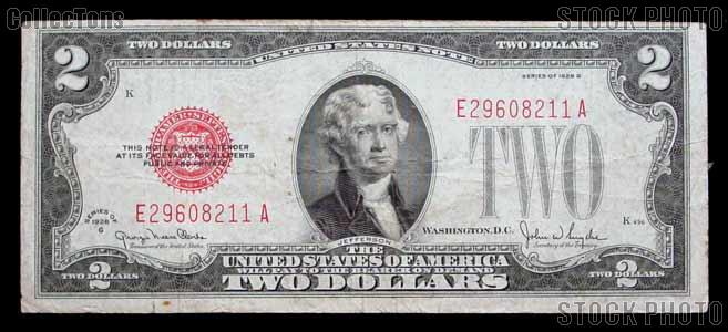 Two Dollar Bill Red Seal Series 1928 US Currency Good or Better