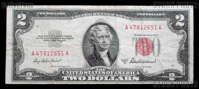 Two Dollar Bill Red Seal Series 1953 US Currency Good or Better