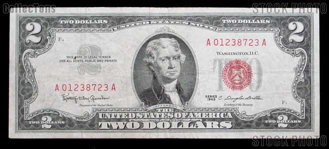 Two Dollar Bill Red Seal Series 1963 US Currency Good or Better