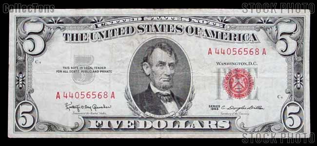 Five Dollar Bill Red Seal Series 1963 US Currency Good or Better