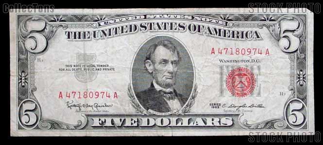 1963 $5 STAR United States Note Red Seal VF-XF 