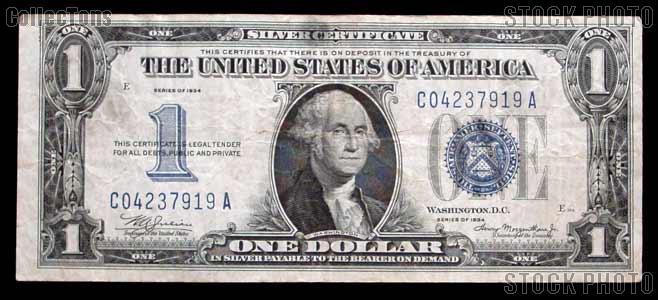 One Dollar Bill Silver Certificate "Funny Back" Series 1934 US Currency Good or Better