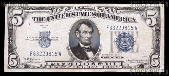 Five Dollar Bill Silver Certificate Series 1934 US Currency Good or Better