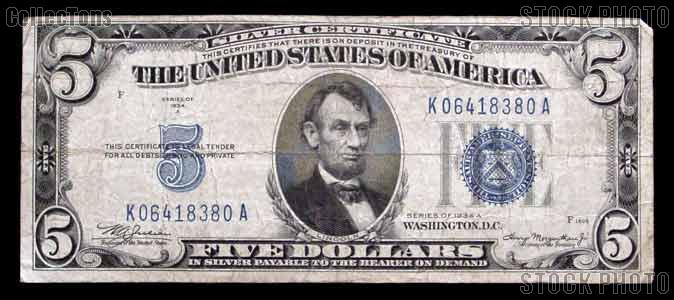 Five Dollar Bill Silver Certificate Series 1934 US Currency