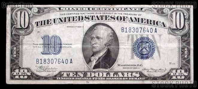 Ten Dollar Bill Silver Certificate Series 1934 US Currency Good or Better