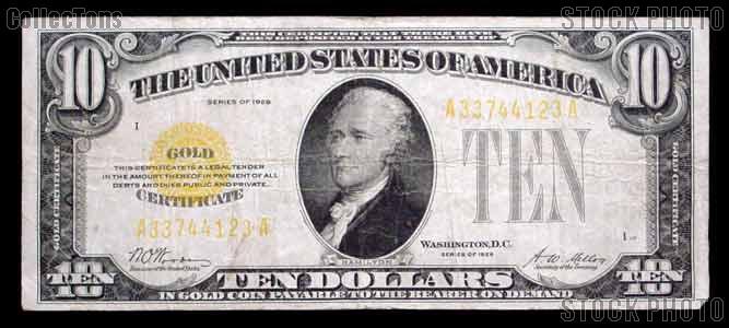 Ten Dollar Bill Gold Certificate Series 1928 US Currency Good or Better