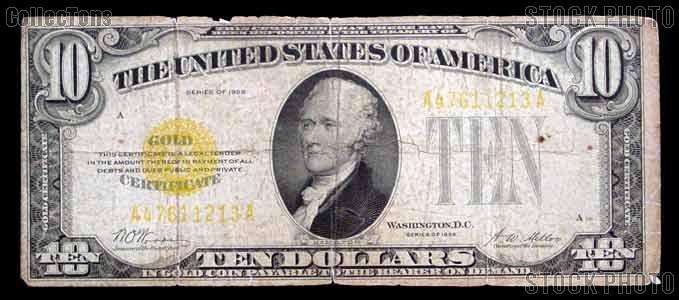 Ten Dollar Bill Gold Certificate Series 1928 US Currency