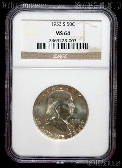 1953-S Franklin Silver Half Dollar in NGC MS 64