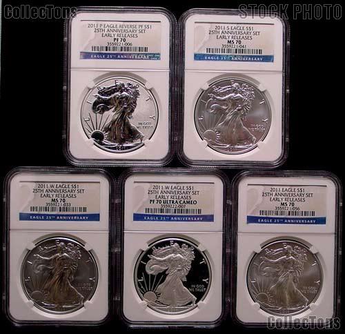 2011 25th Anniversary American Silver Eagle Set (5 Coins) in NGC Early Release MS 70 & PF 70