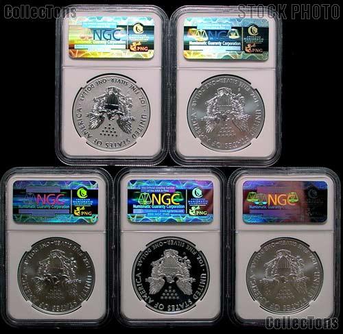 2011 25th Anniversary American Silver Eagle Set (5 Coins) in NGC Early Release MS 70 & PF 70