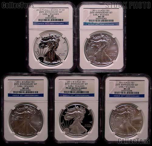 2011 25th Anniversary American Silver Eagle Set (5 Coins) in NGC Early Release MS 69 & PF 69