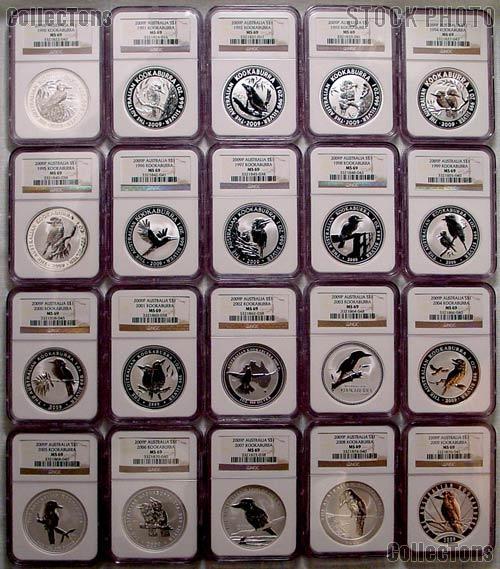 2009 Australian Kookaburra 20th Anniversary Silver Bullion Coin Set (20 coins) in NGC MS 69