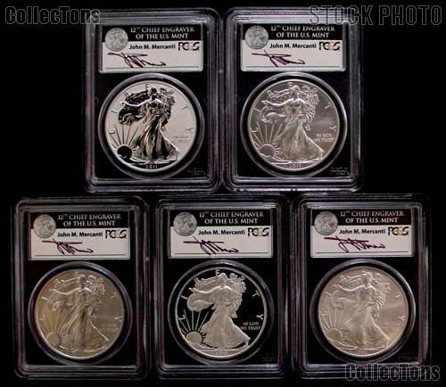 2011 25th Anniversary American Silver Eagle Set (5 Coins) in John Mercanti Signed PCGS First Strike MS 69 & PR 69