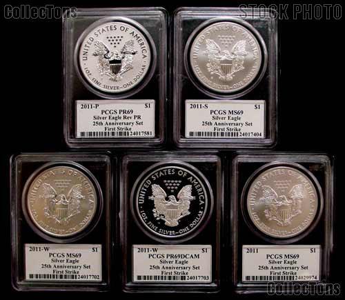 2011 25th Anniversary American Silver Eagle Set (5 Coins) in John Mercanti Signed PCGS First Strike MS 69 & PR 69