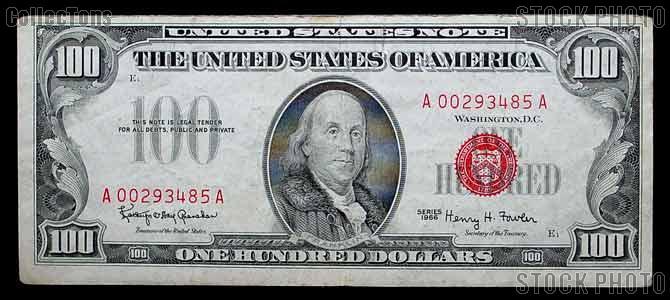 One Hundred 100 Dollar Bill Red Seal Series 1966 US Currency Good or Better