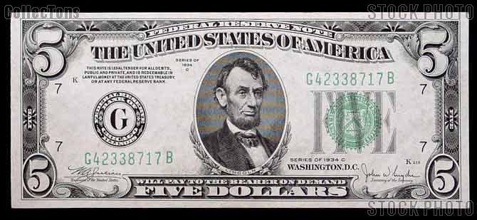 Five Dollar Bill Green Seal FRN Series 1934 US Currency Good or Better