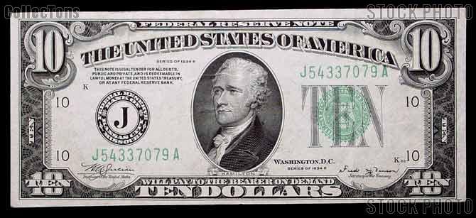 Ten Dollar Bill Green Seal FRN Series 1934 US Currency Good or Better