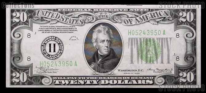 Twenty Dollar Bill Green Seal FRN Series 1934 US Currency Good or Better