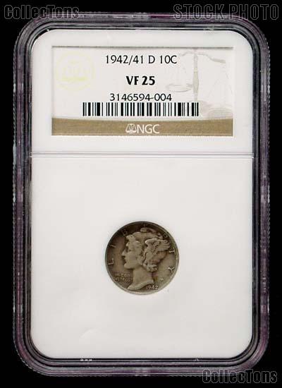 1942/41-D Mercury Silver Dime (42 over 41) in NGC VF 25