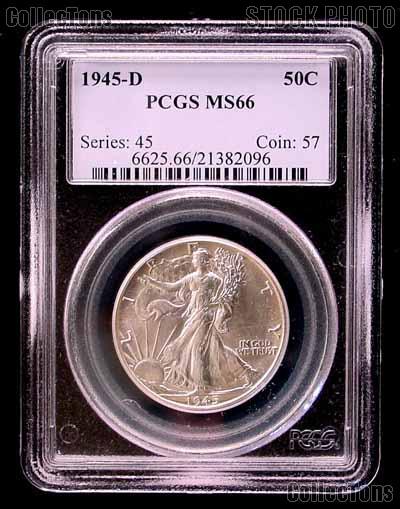 1945-D Walking Liberty Silver Half Dollar in PCGS MS 66
