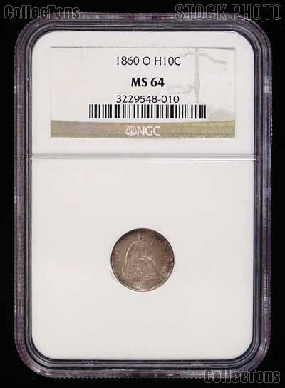 1860-O Seated Liberty Half Dime Variety 4 Legend on Obverse in NGC MS 64