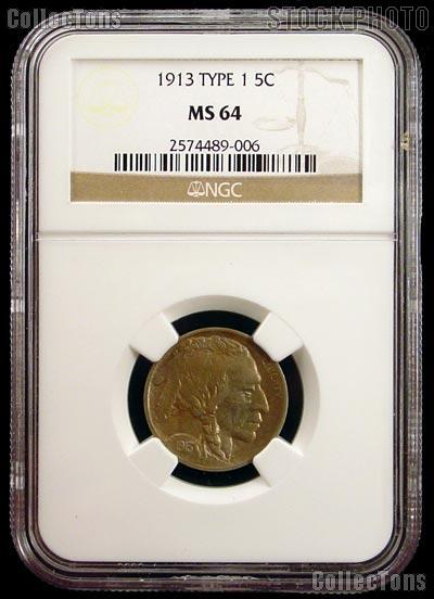 1913 Type 1 Buffalo Nickel in NGC MS 64