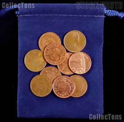 10 Randomly Selected British Pennies In Blue Velour Bag